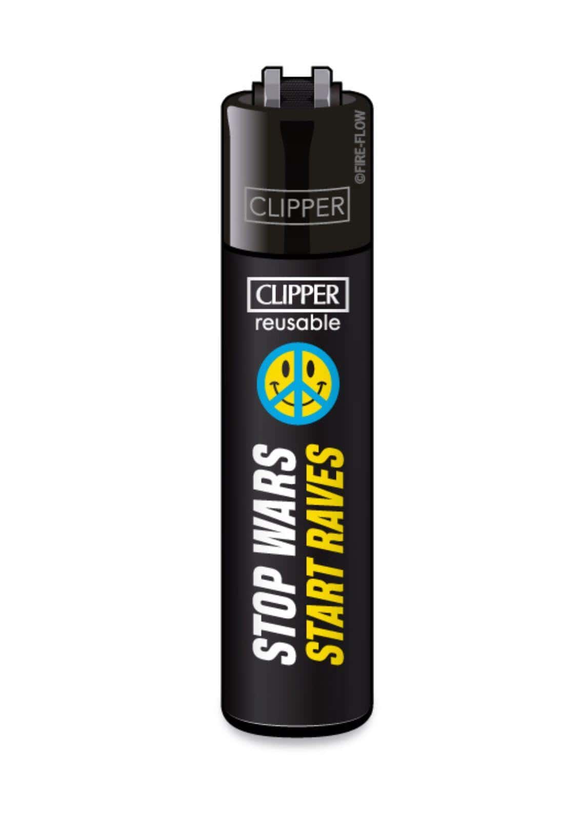 Schwarzes refillbares clipper feuerzeug mit gelb-blauem peace-zeichen und stopp wars start raves text